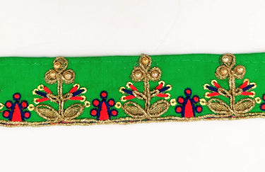 Green Art Silk Trim In Red And Gold Embroidery, Approx. 32mm wide, Decorative Trim